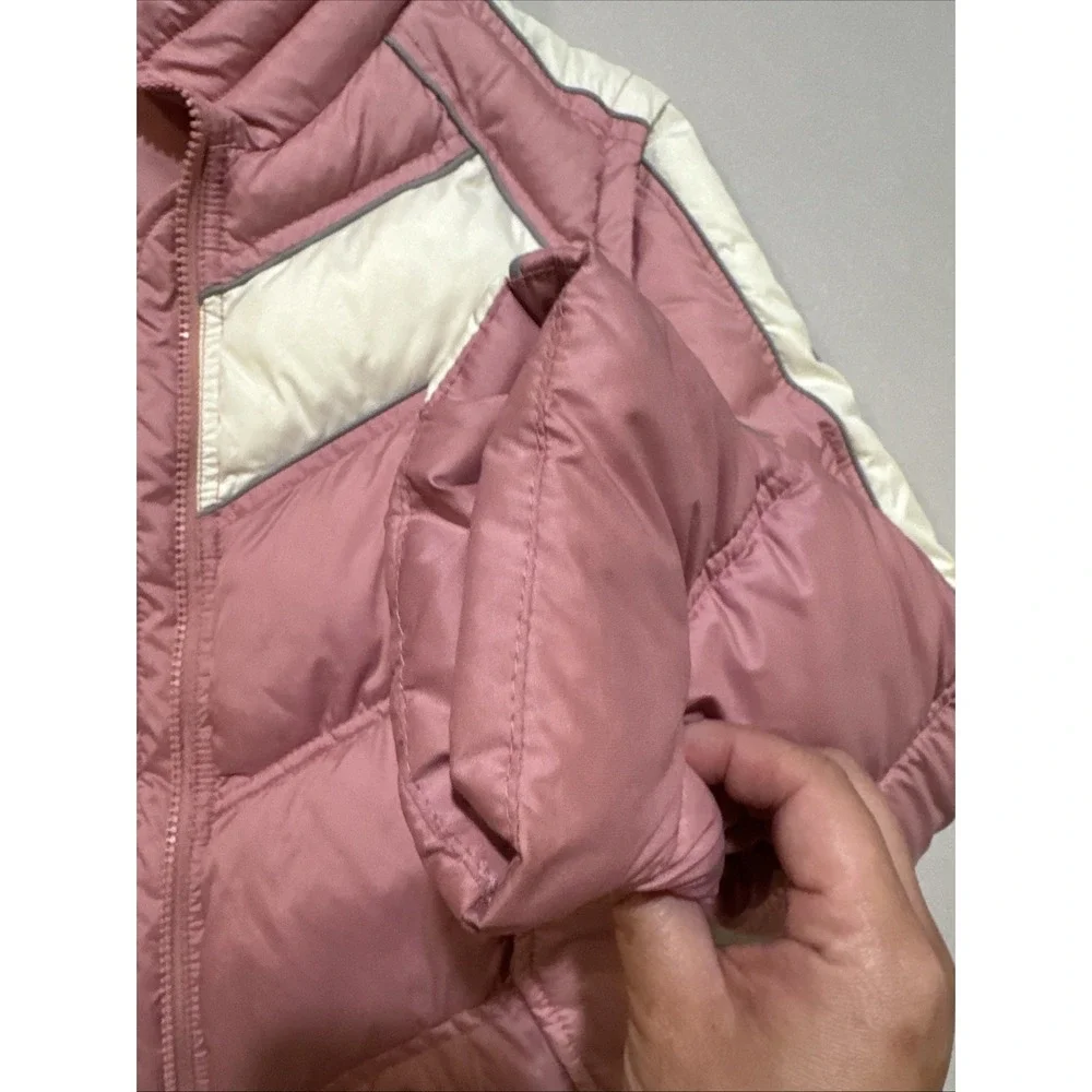 Tommy Jeans Y2K Puffer Jacket‎ Women Sz M Pink White Stripe Removable Sleeve Vtg